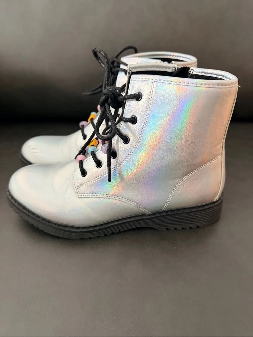 Children’s Place Kids Iridescent Silver Lace-Up Boots with Smiley Beads